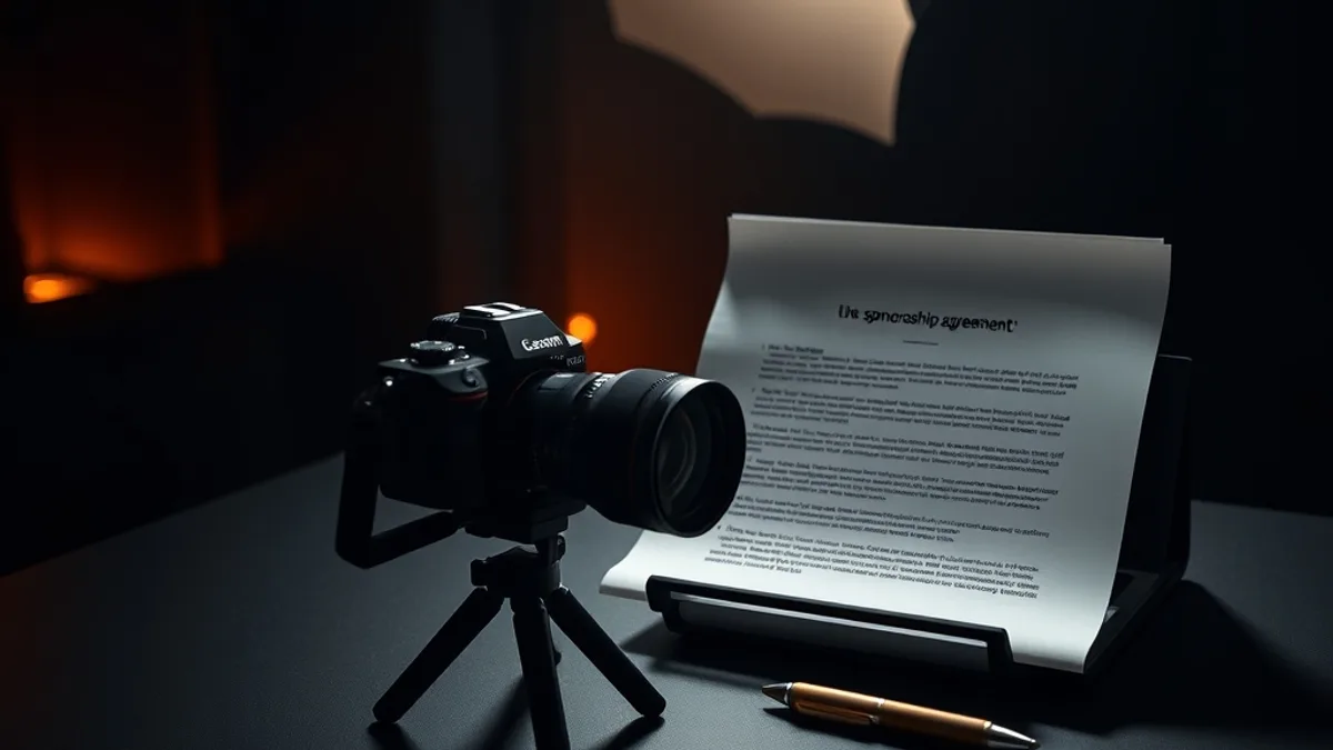 Un studio de créateur moderne faiblement éclairé la nuit avec une caméra professionnelle sur trépied, une ring light et un microphone sur un bureau, la silhouette d'une personne devant un grand monite