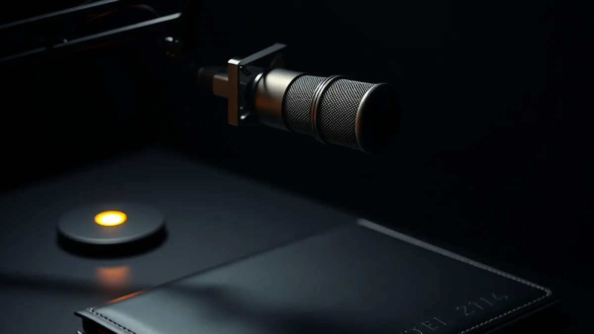 Un studio de créateur moderne faiblement éclairé la nuit avec une caméra professionnelle sur trépied, une ring light et un microphone sur un bureau, la silhouette d'une personne devant un grand monite