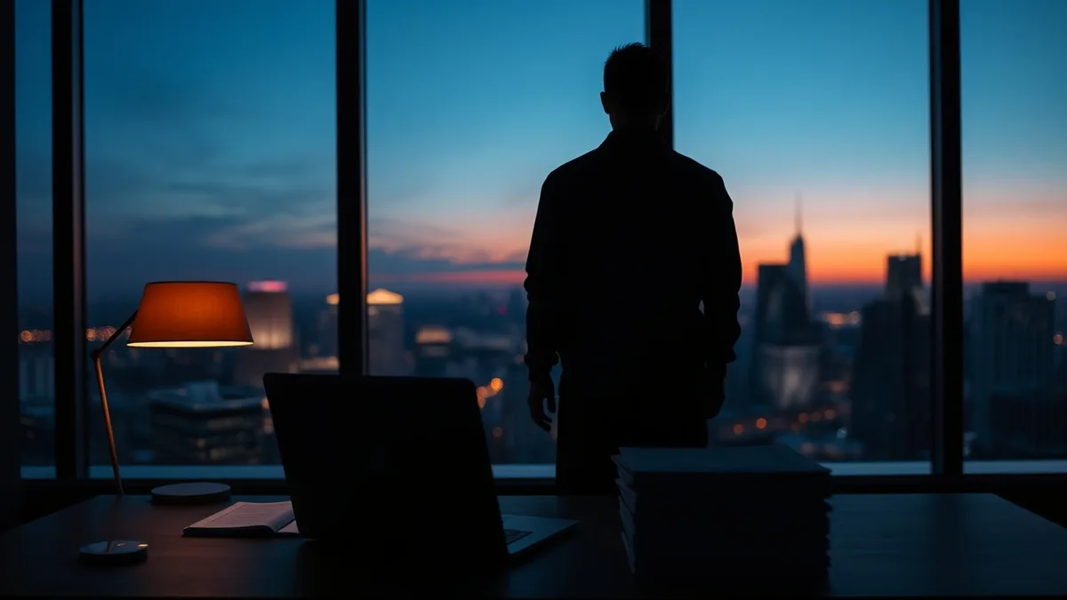 صورة ظلية لشخص يقف عند نافذة مكتب كبيرة تطل على أفق مدينة غير واضح عند الغسق، مع مكتب وحاسوب محمول مغلق وأوراق غير موقعة في المقدمة، ترمز إلى قرار استراتيجي لصانع محتوى