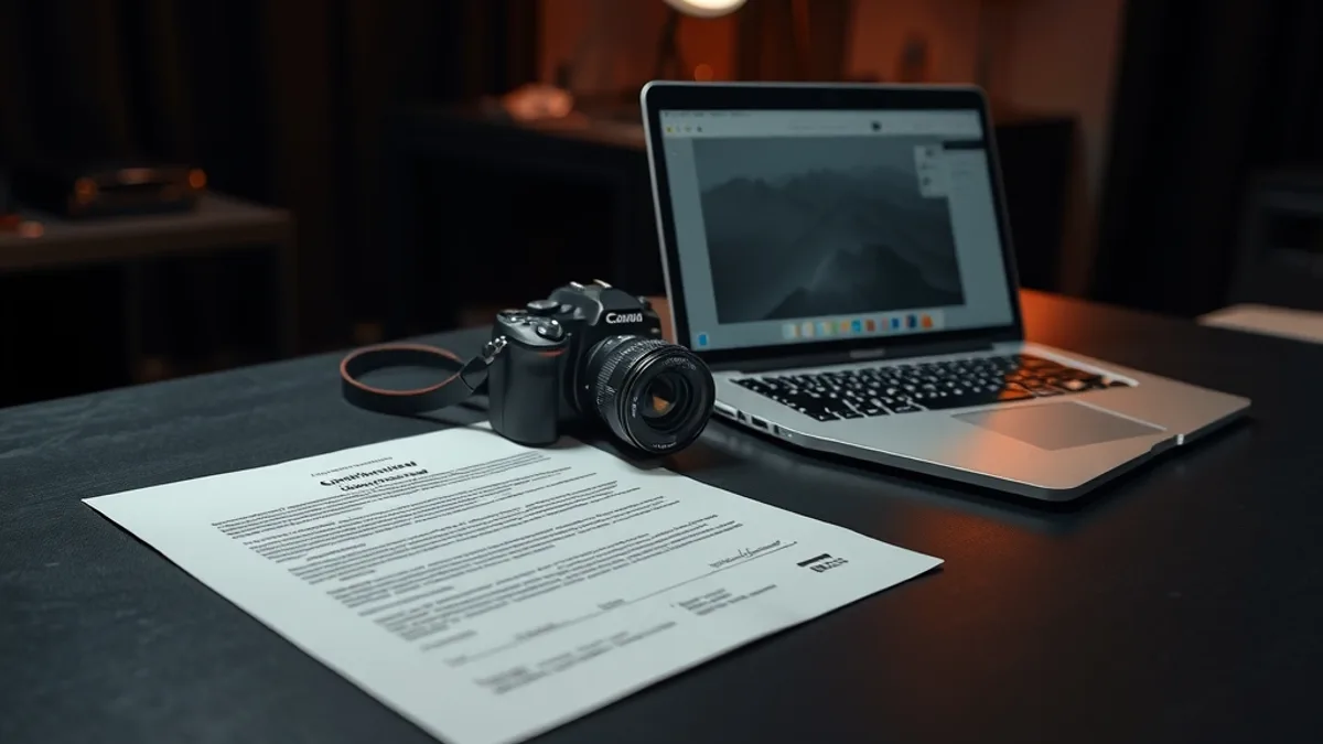 A dimly lit home office at dawn, a middle-aged man silhouetted at a wooden desk typing on a laptop with a resignation letter beside the keyboard, warm desk lamp glow, window blinds half-open with pale
