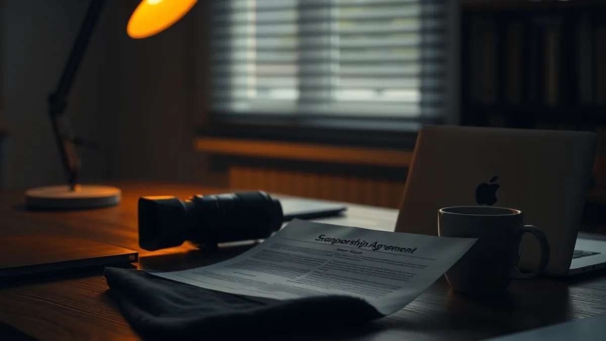 A dimly lit home office at dawn, a middle-aged man silhouetted at a wooden desk typing on a laptop with a resignation letter beside the keyboard, warm desk lamp glow, window blinds half-open with pale