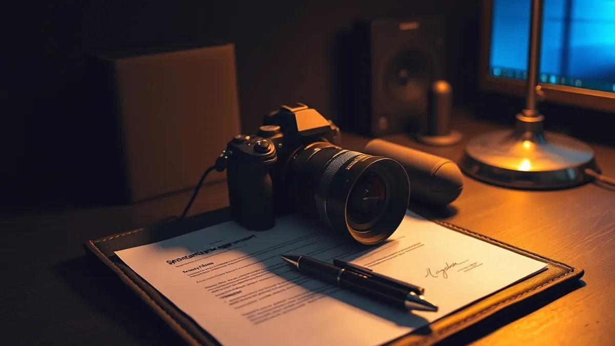 Un studio à domicile faiblement éclairé la nuit, avec une lampe de bureau illuminant un microphone et une caméra, un créateur en silhouette à un bureau face à un écran lumineux
