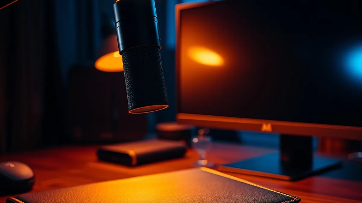 Un studio à domicile faiblement éclairé la nuit, avec une lampe de bureau illuminant un microphone et une caméra, un créateur en silhouette à un bureau face à un écran lumineux