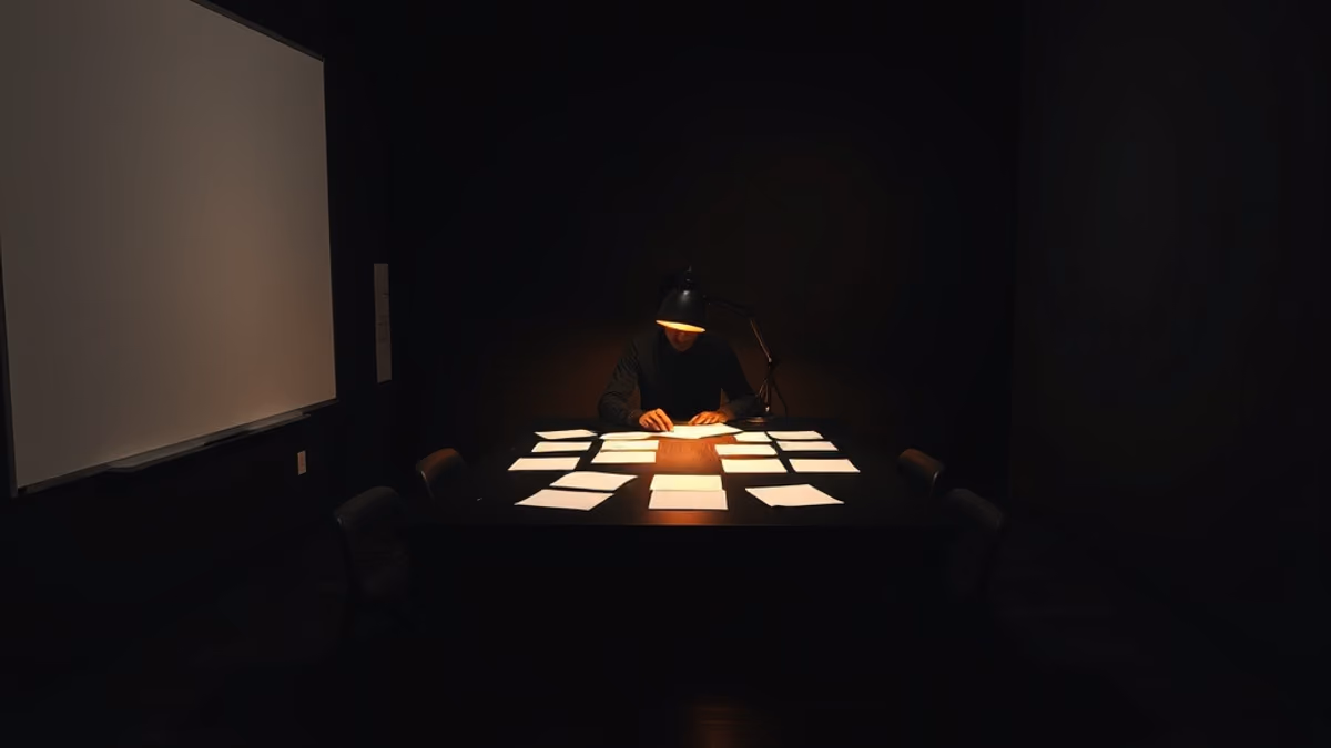 Two silhouetted figures seated across from each other in a dimly lit studio, discussing creator business models in front of a large empty whiteboard, with a desk lamp casting warm light on scattered b